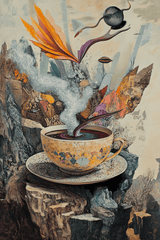 Colourful Wall Art Canvas featuring a surreal coffee cup with swirling elements and vibrant imagery