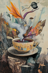Colourful Wall Art Canvas featuring a surreal coffee cup with swirling elements and vibrant imagery