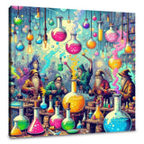 Colourful Wall Art Canvas featuring wizards in a potion lab with vibrant beakers and magical effects