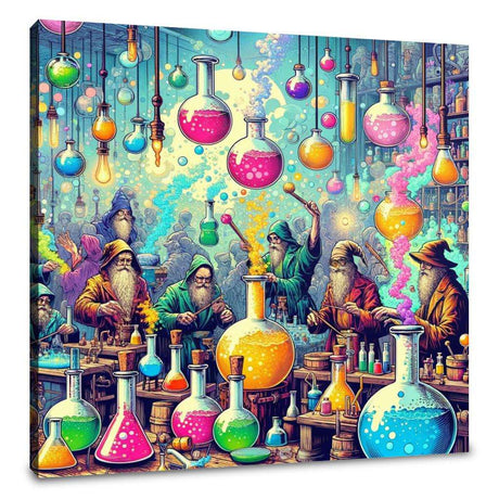 Colourful Wall Art Canvas featuring wizards in a potion lab with vibrant beakers and magical effects