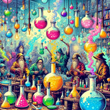 Vibrant wall art canvas featuring whimsical gnomes in a potion-filled laboratory