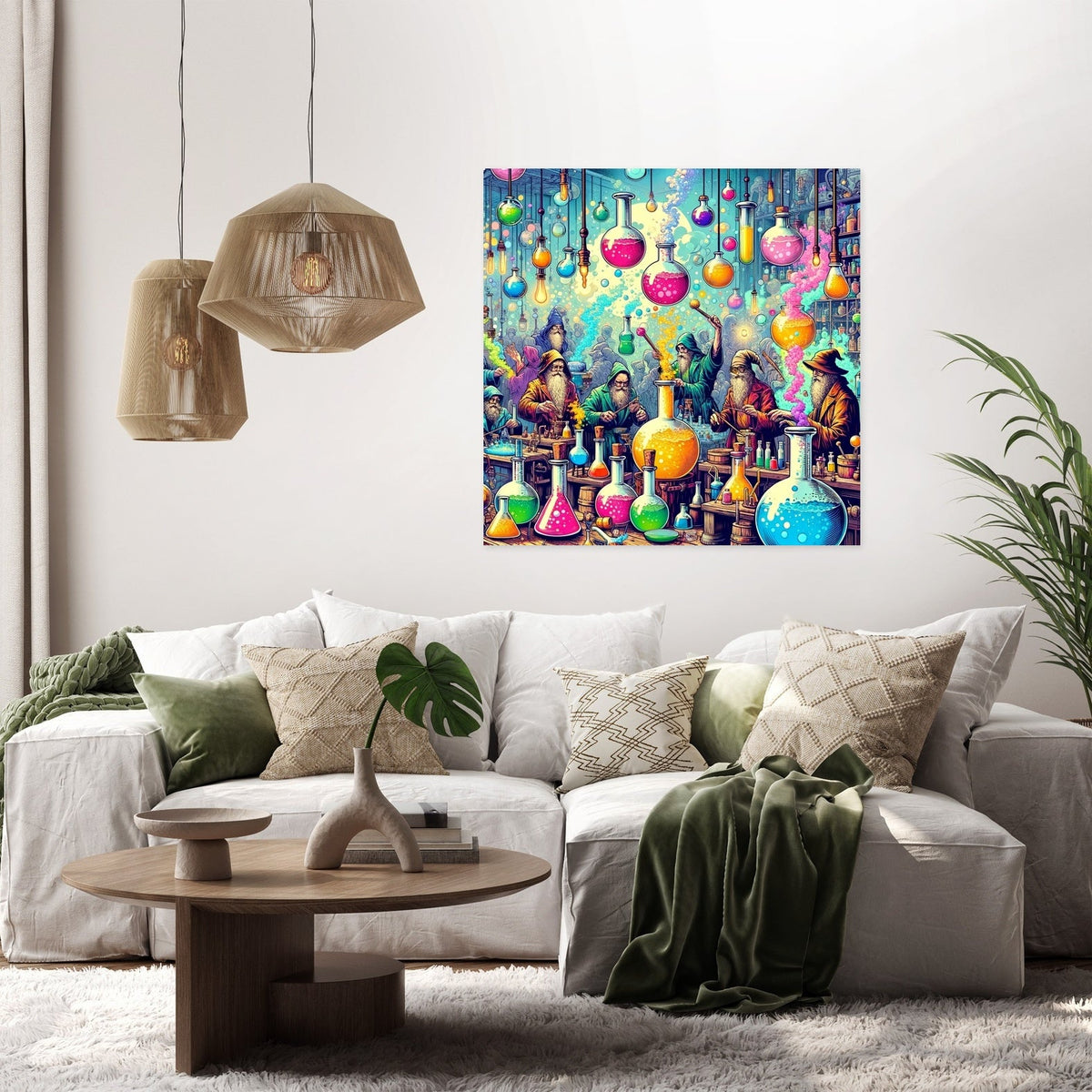 Vibrant Wall Art Canvas depicting a whimsical potion shop with colourful bottles and magical atmosphere