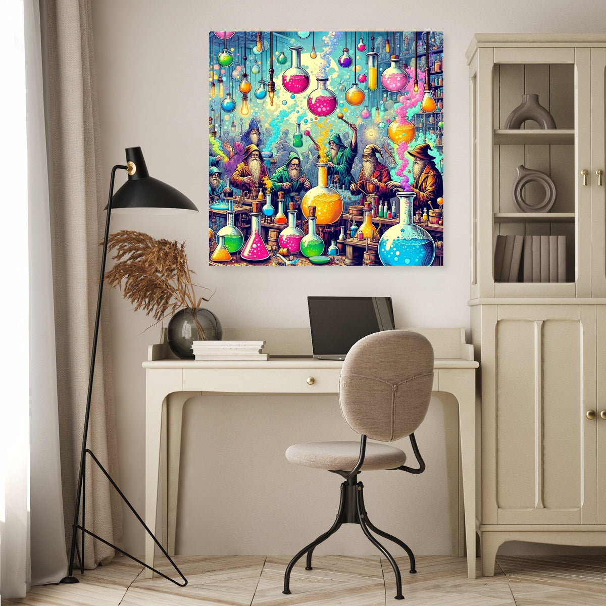 Colourful wall art canvas featuring whimsical potion bottles in a creative workspace setting