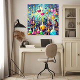 Colourful wall art canvas featuring whimsical potion bottles in a creative workspace setting
