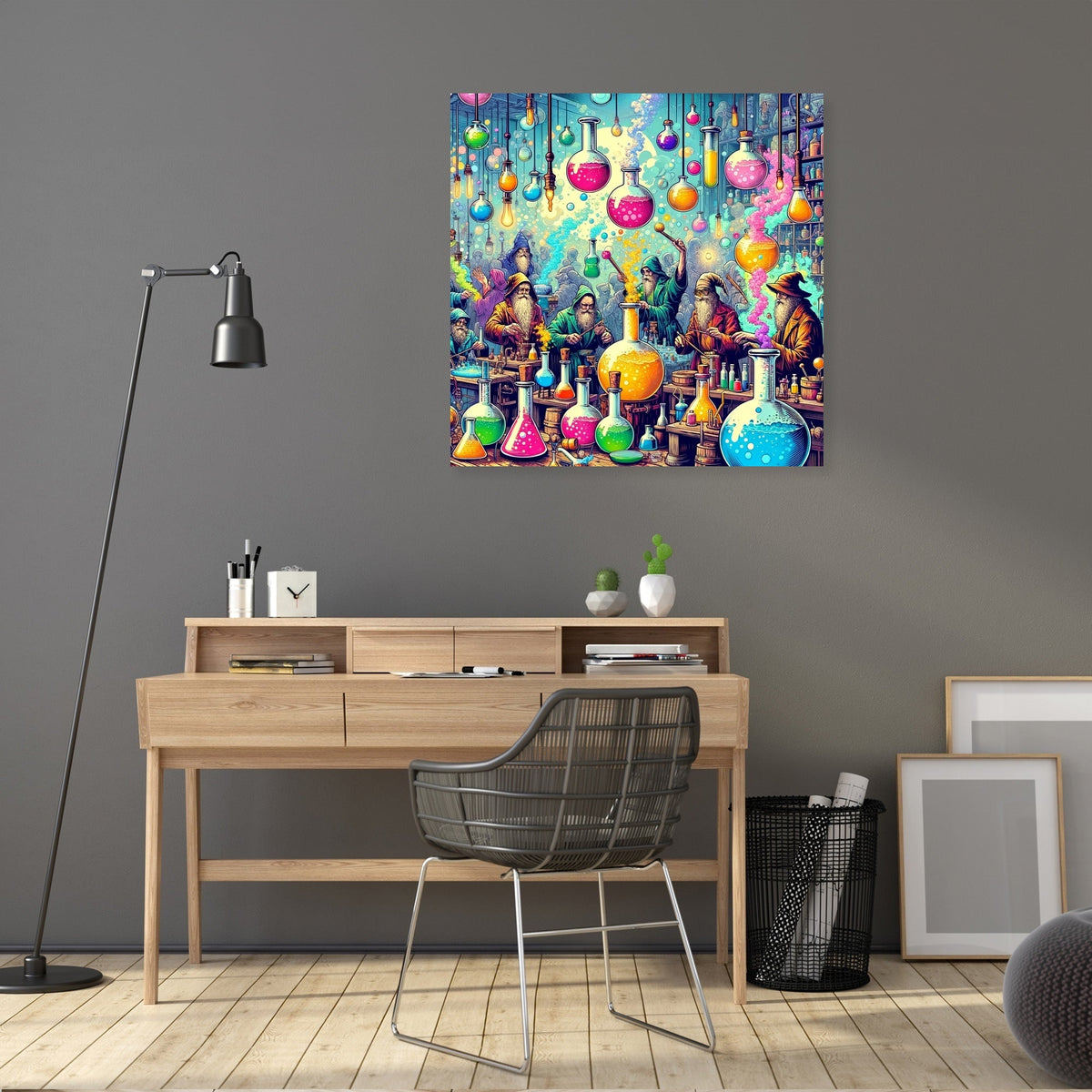 Vibrant wall art canvas featuring colourful potions and a whimsical scene for home decor