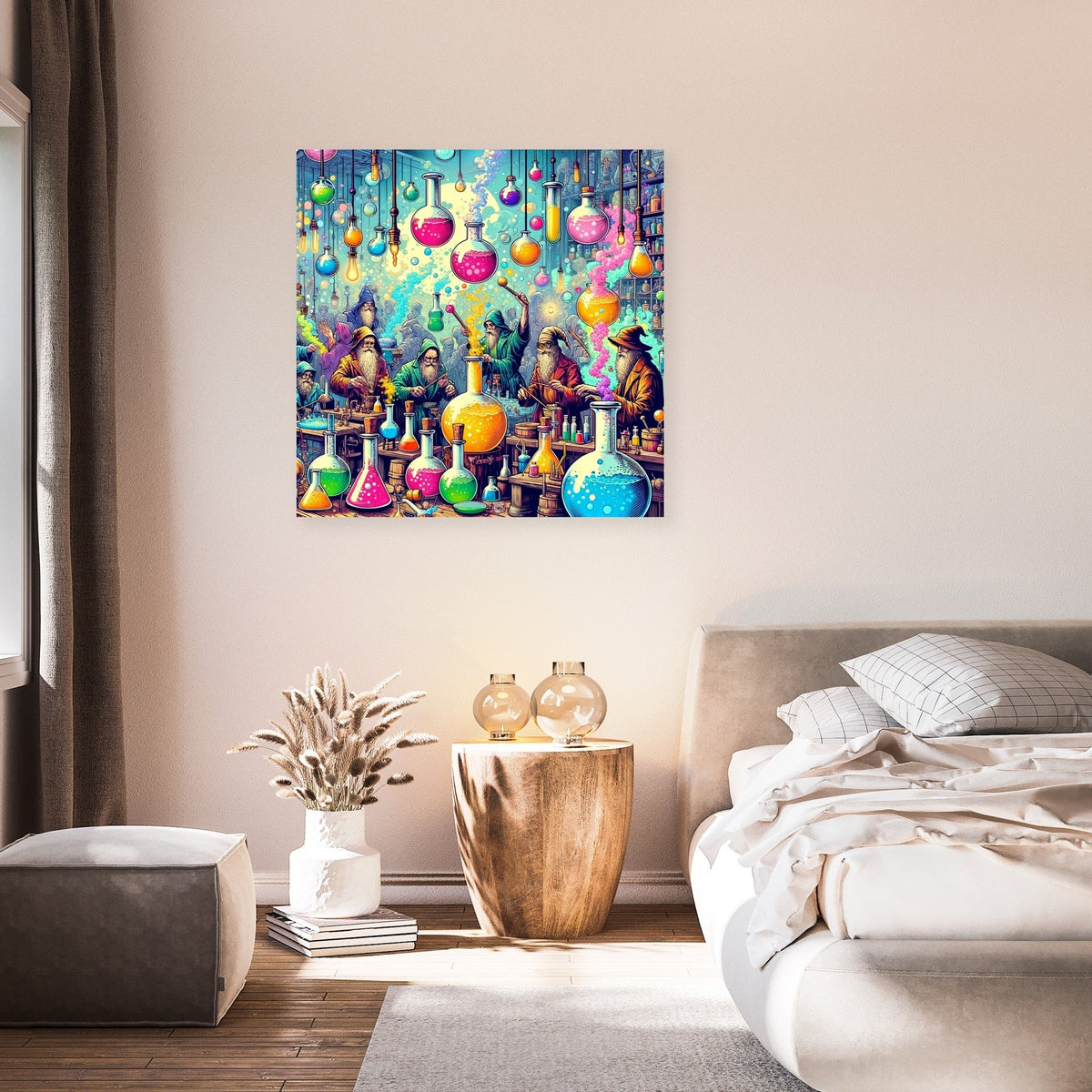 Vibrant wall art canvas featuring colourful potion bottles in a cosy living room setting