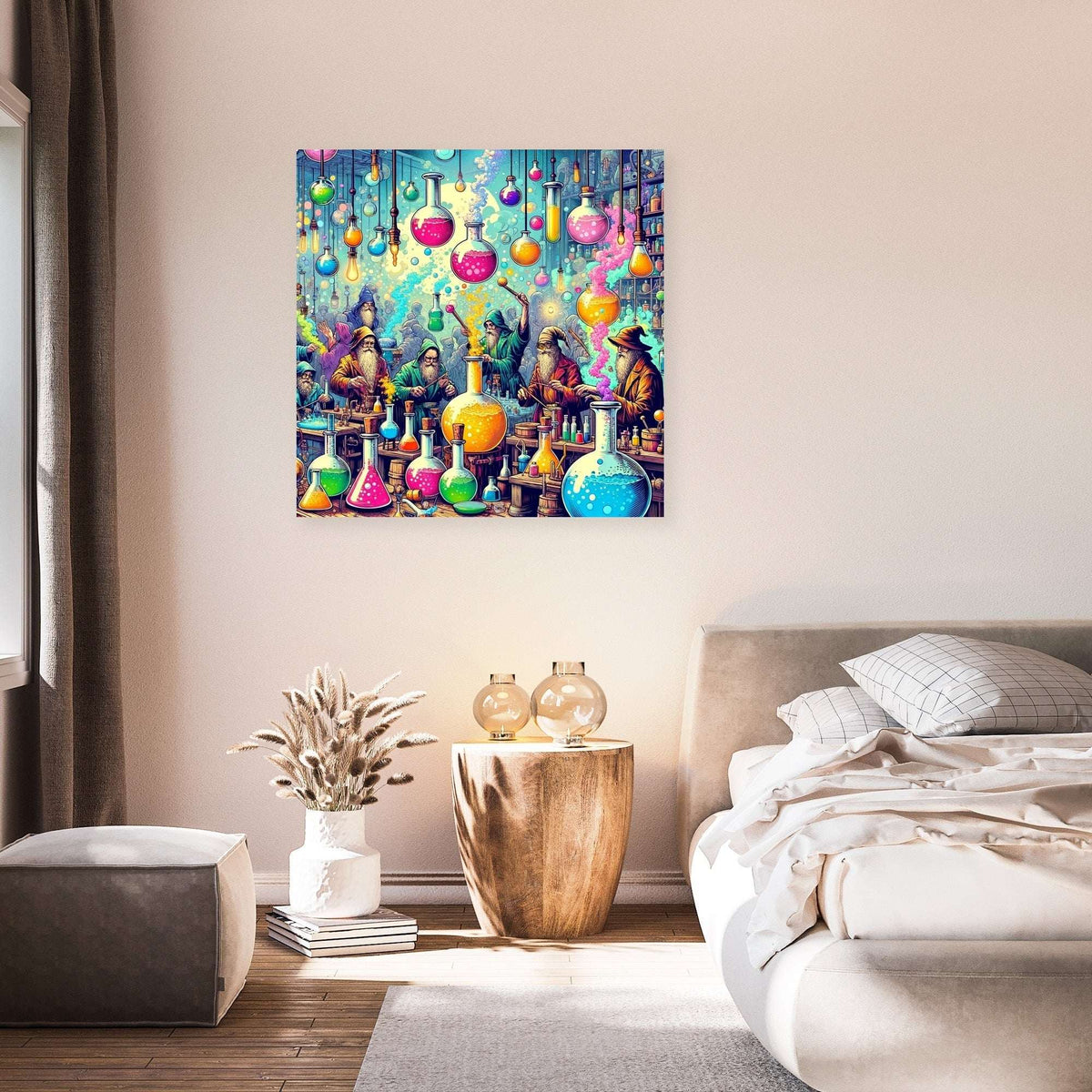Vibrant wall art canvas featuring colourful potion bottles in a cosy living room setting
