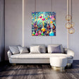 Colourful Wall Art Canvas featuring vibrant glass vases hanging above a stylish living room setting