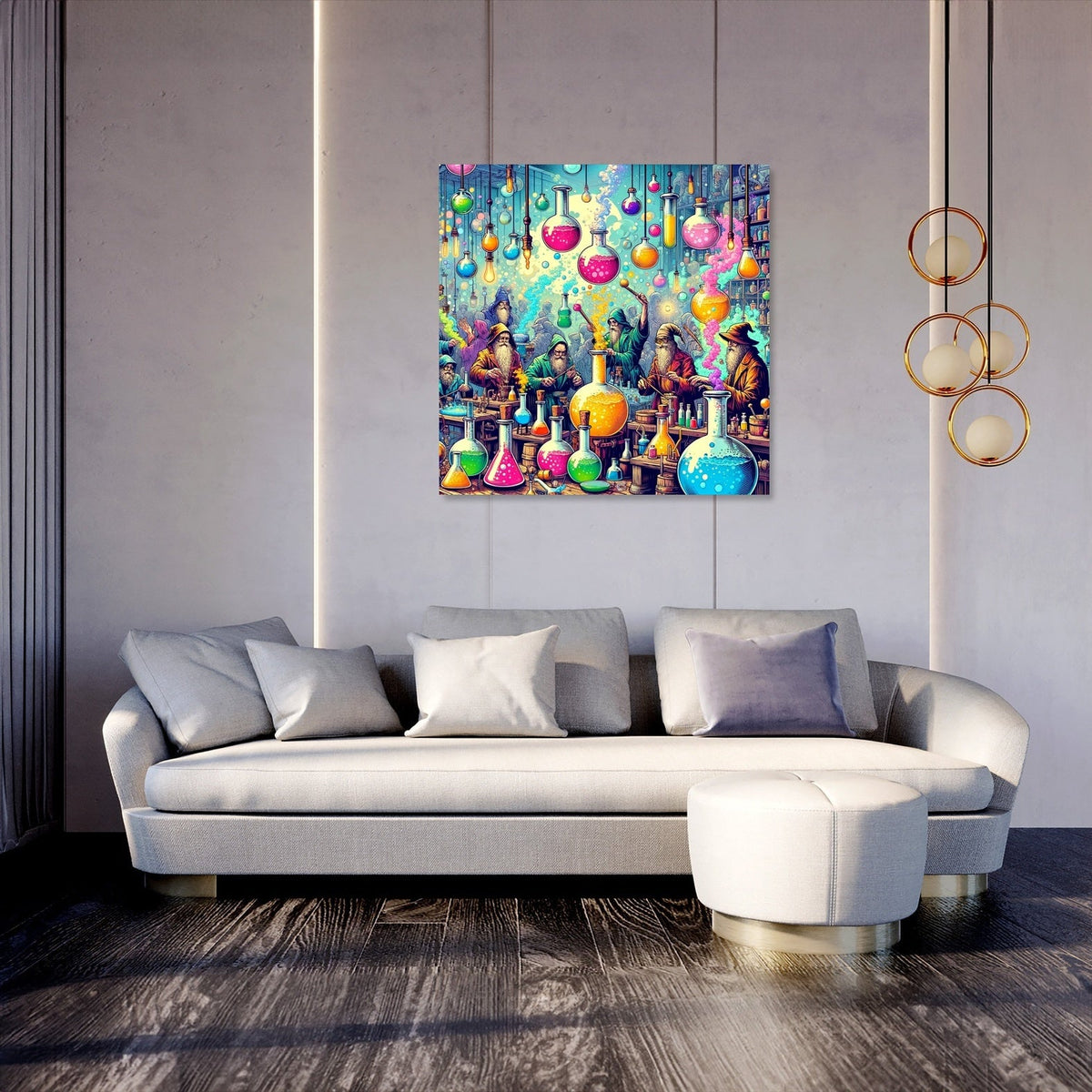 Colourful Wall Art Canvas featuring vibrant glass vases hanging above a stylish living room setting