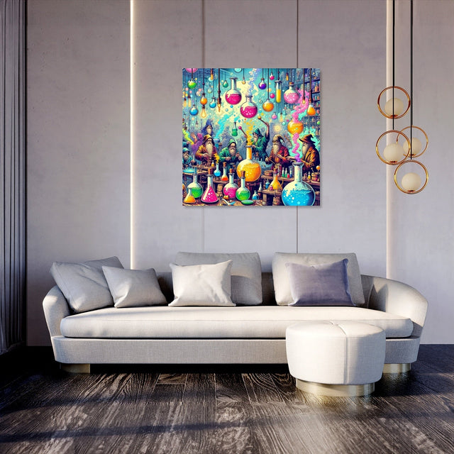 Colourful Wall Art Canvas featuring vibrant glass vases hanging above a stylish living room setting