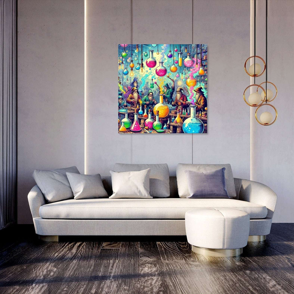 Colourful Wall Art Canvas featuring vibrant glass vases hanging above a stylish living room setting