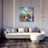 Colourful Wall Art Canvas featuring vibrant glass vases hanging above a stylish living room setting