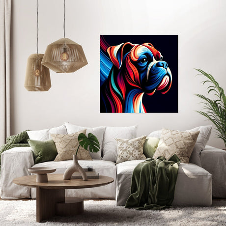 Vibrant wall art canvas featuring a colourful dog portrait, ideal for modern home decor.