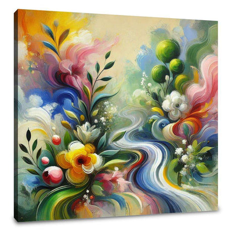 Vibrant abstract wall art canvas featuring colourful floral designs and flowing patterns