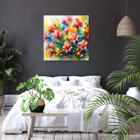 Vibrant floral wall art canvas by HOME ART HAVEN adding colour to a stylish bedroom decor