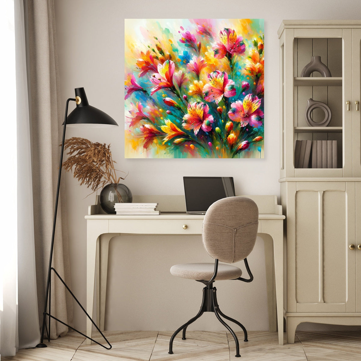 Vibrant wall art canvas featuring colourful flowers in a bright living space