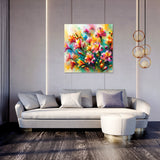 Vibrant floral Wall Art Canvas displayed above a modern grey sofa in a stylish living room