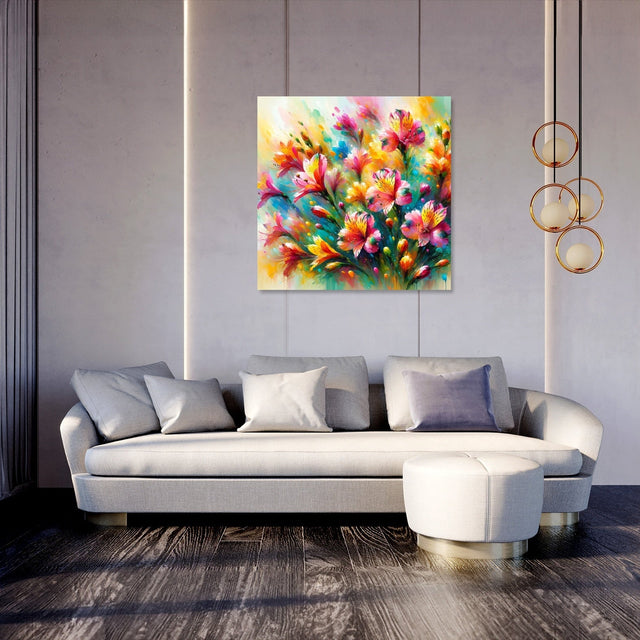 Vibrant floral Wall Art Canvas displayed above a modern grey sofa in a stylish living room