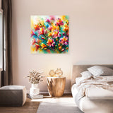 Vibrant floral wall art canvas showcasing a burst of colours in a bright room setting