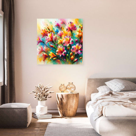 Vibrant floral wall art canvas showcasing a burst of colours in a bright room setting