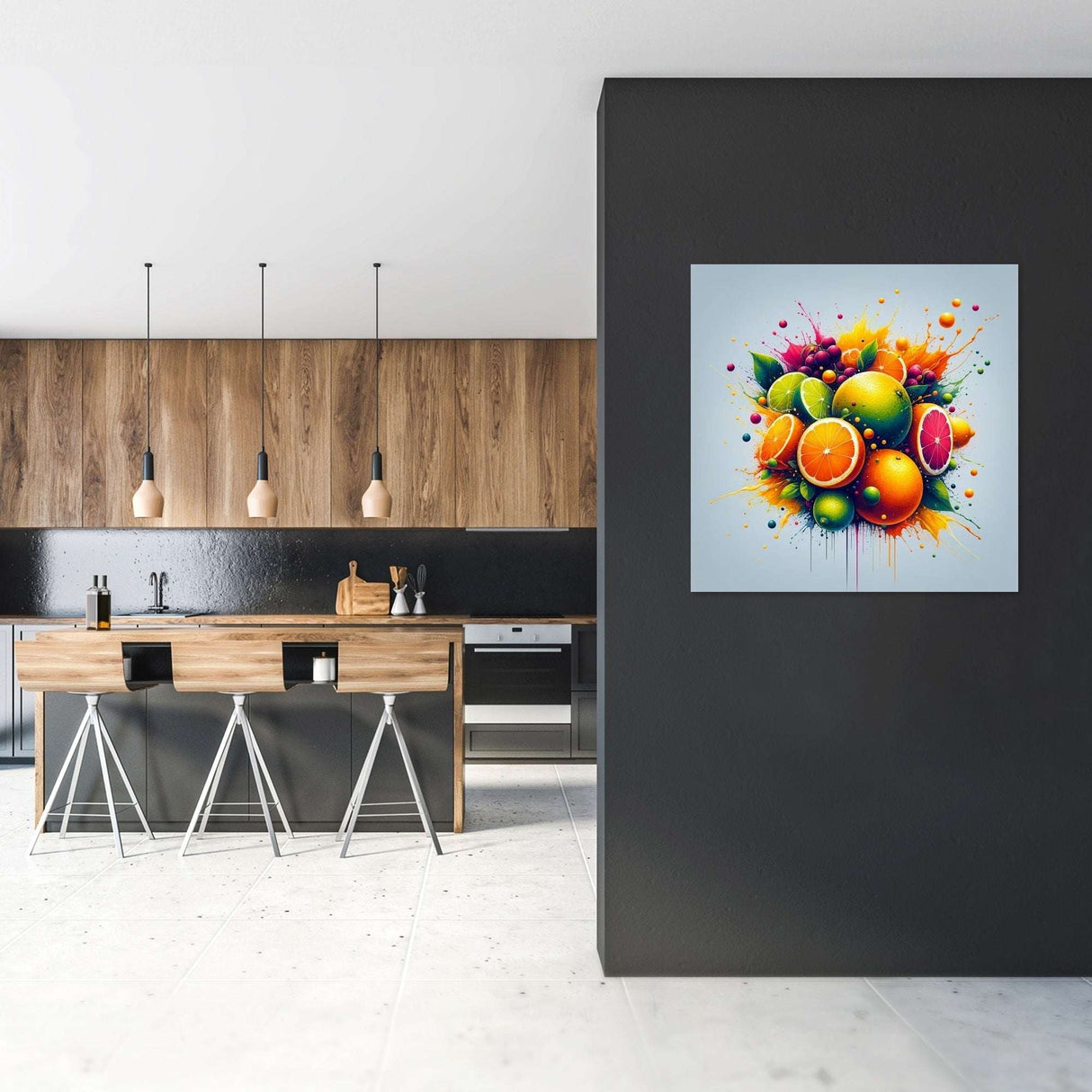 Vibrant Wall Art Canvas featuring colourful fruits in a modern kitchen setting