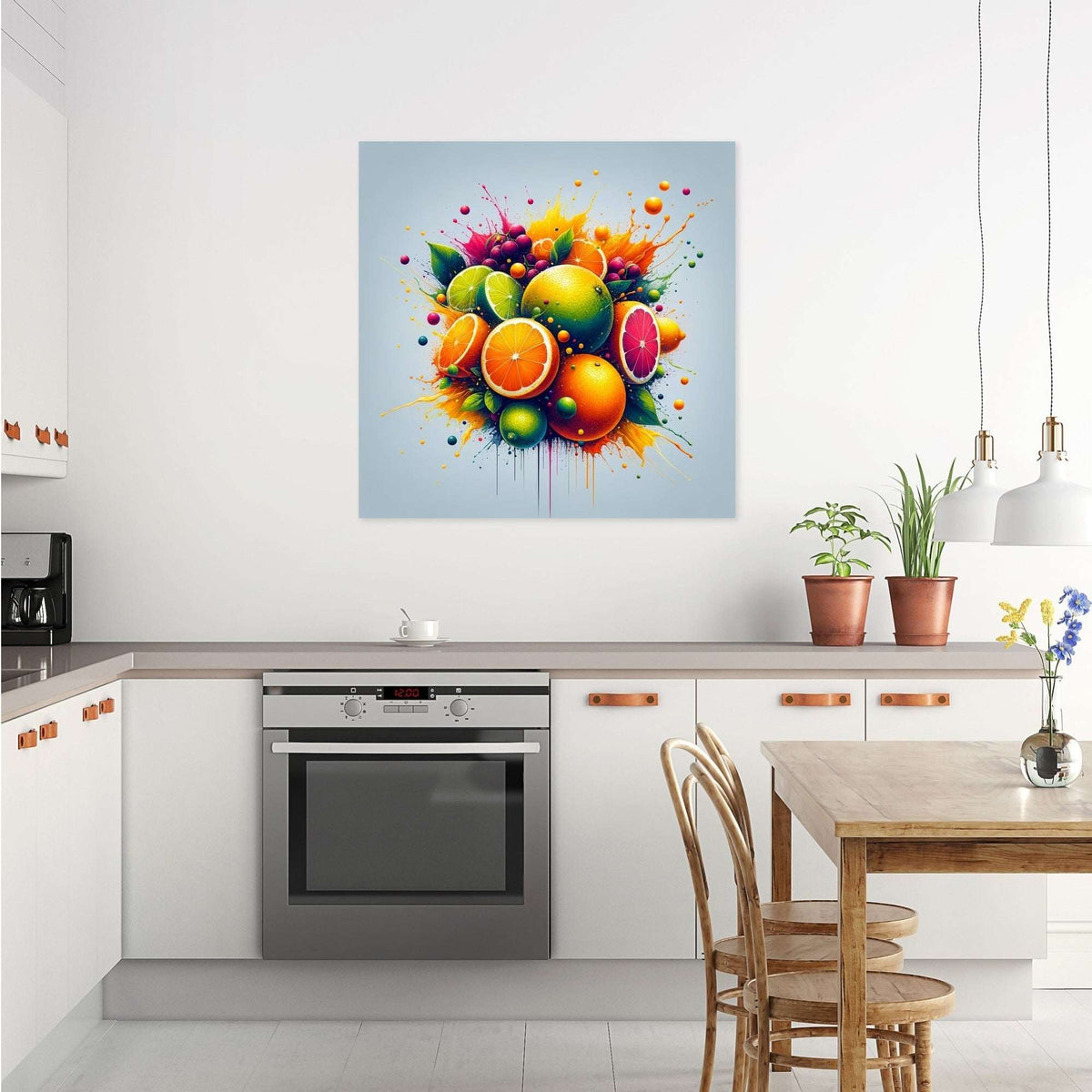 Vibrant abstract fruit wall art canvas hung in modern kitchen for fresh decor