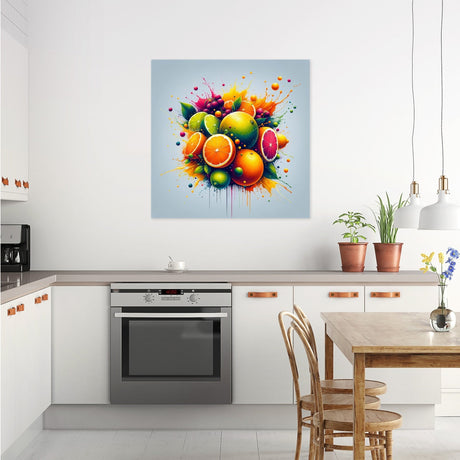 Vibrant abstract fruit wall art canvas hung in modern kitchen for fresh decor