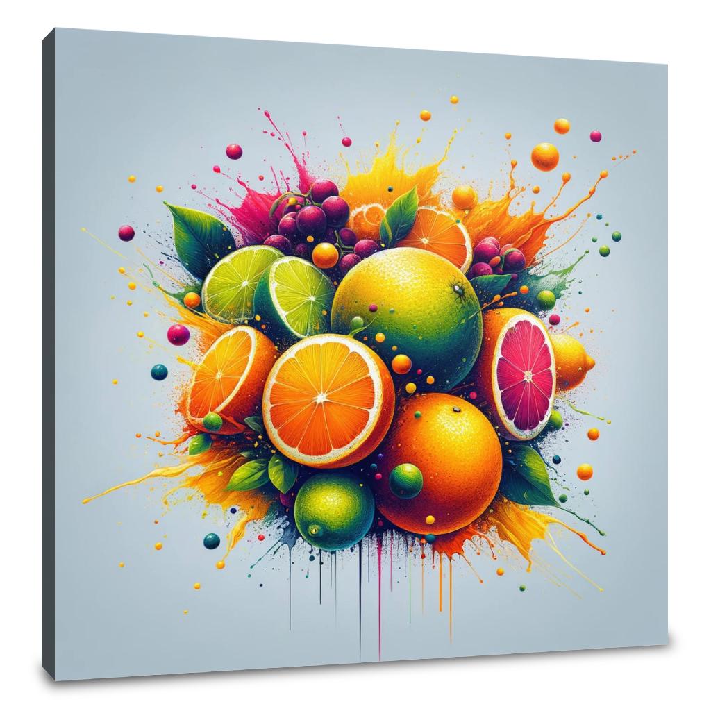 Vibrant Wall Art Canvas featuring a colourful explosion of fruit with oranges, limes, and berries