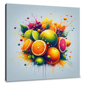Vibrant Wall Art Canvas featuring a colourful explosion of fruit with oranges, limes, and berries