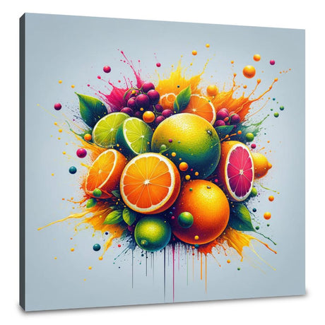 Vibrant Wall Art Canvas featuring a colourful explosion of fruit with oranges, limes, and berries