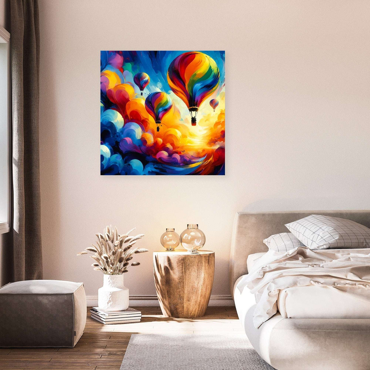 Colourful hot air balloons Wall Art Canvas in a vibrant room setting for home decor