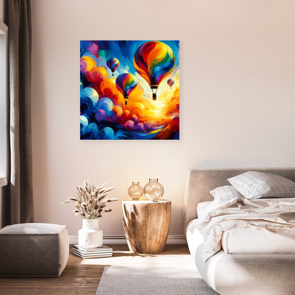 Colourful hot air balloons Wall Art Canvas in a vibrant room setting for home decor