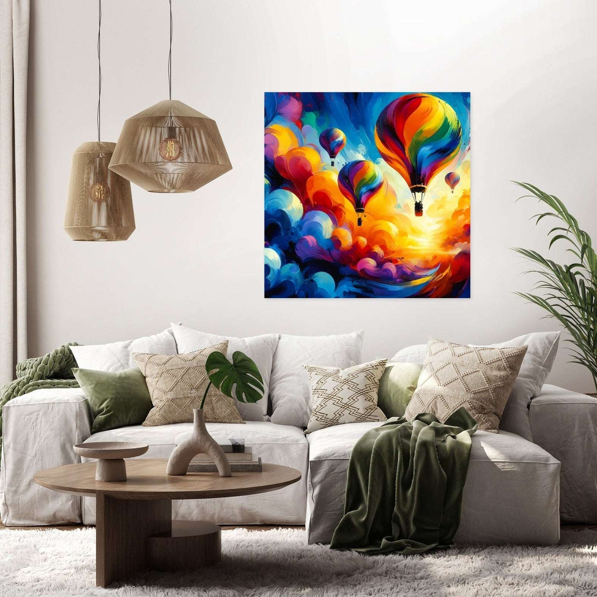 Vibrant Wall Art Canvas featuring colourful hot air balloons against a sunset sky in a stylish living room
