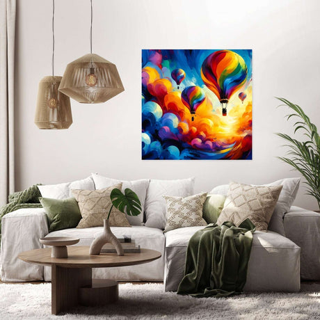 Vibrant Wall Art Canvas featuring colourful hot air balloons against a sunset sky in a stylish living room