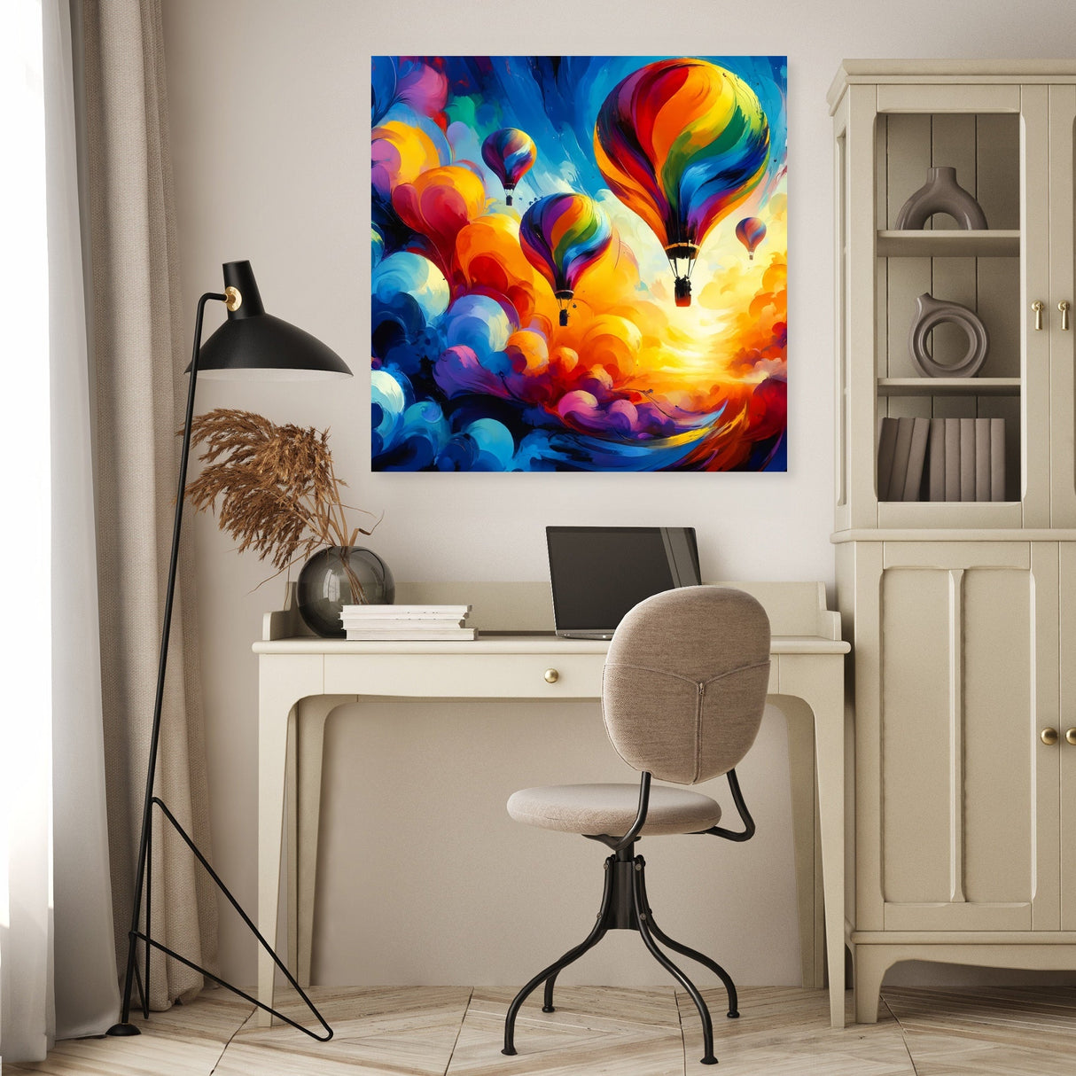 Colourful hot air balloons in a sunset sky, vibrant wall art canvas by HOME ART HAVEN