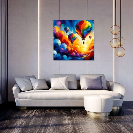 Vibrant Wall Art Canvas featuring colourful hot air balloons against a bright sky, ideal for modern living spaces