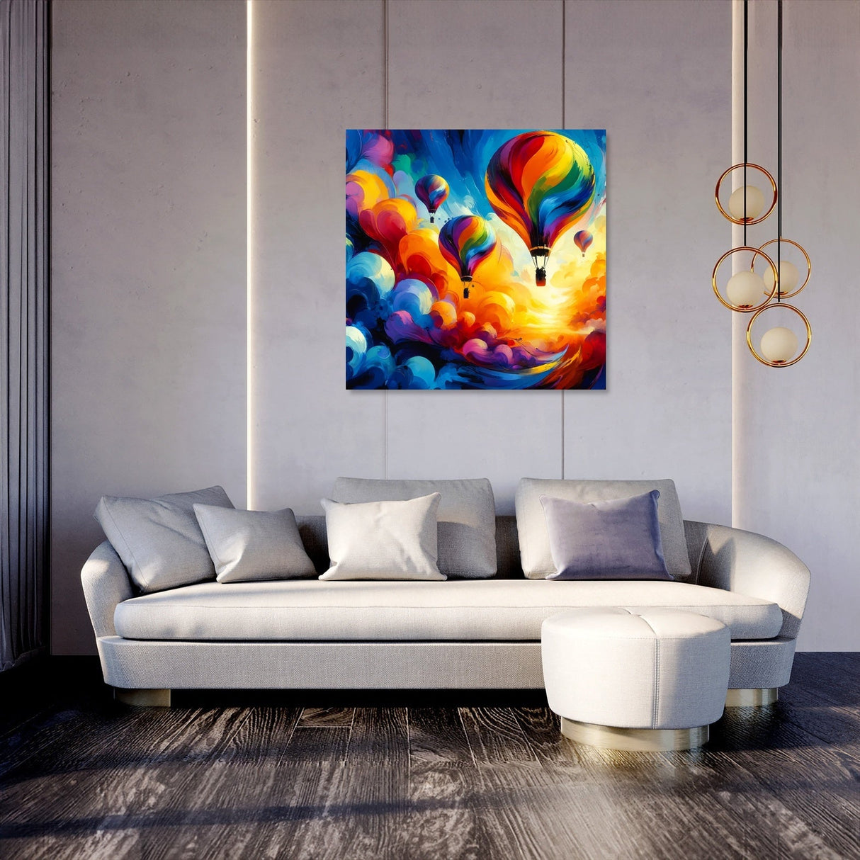 Vibrant Wall Art Canvas featuring colourful hot air balloons against a bright sky, ideal for modern living spaces