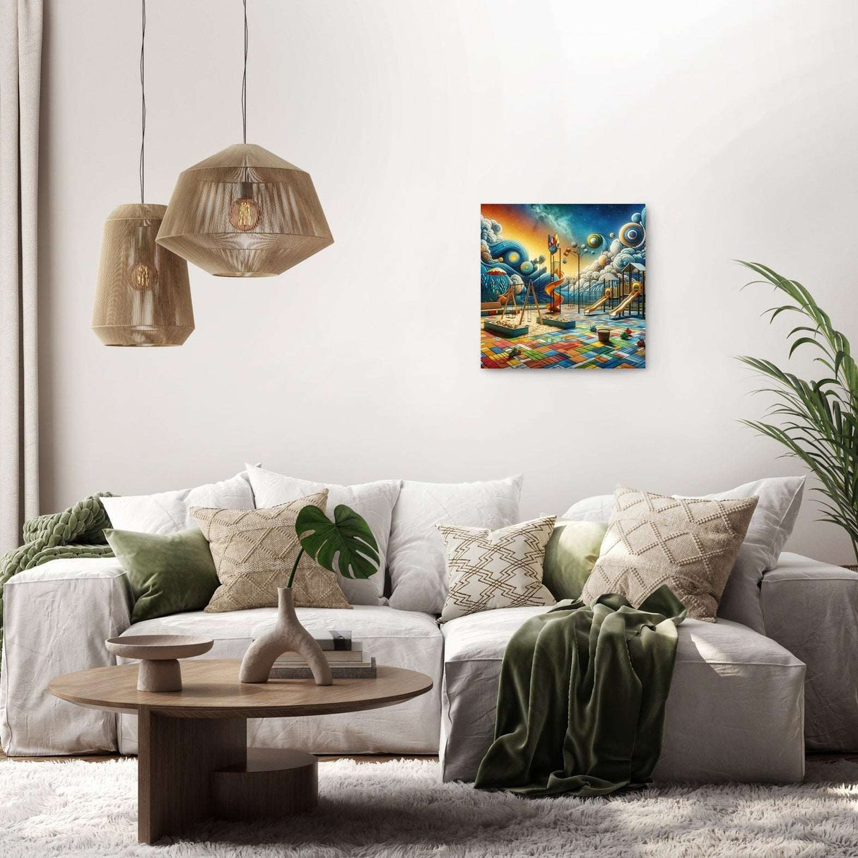 Colourful wall art canvas depicting a vibrant dreamlike scene, ideal for home decoration