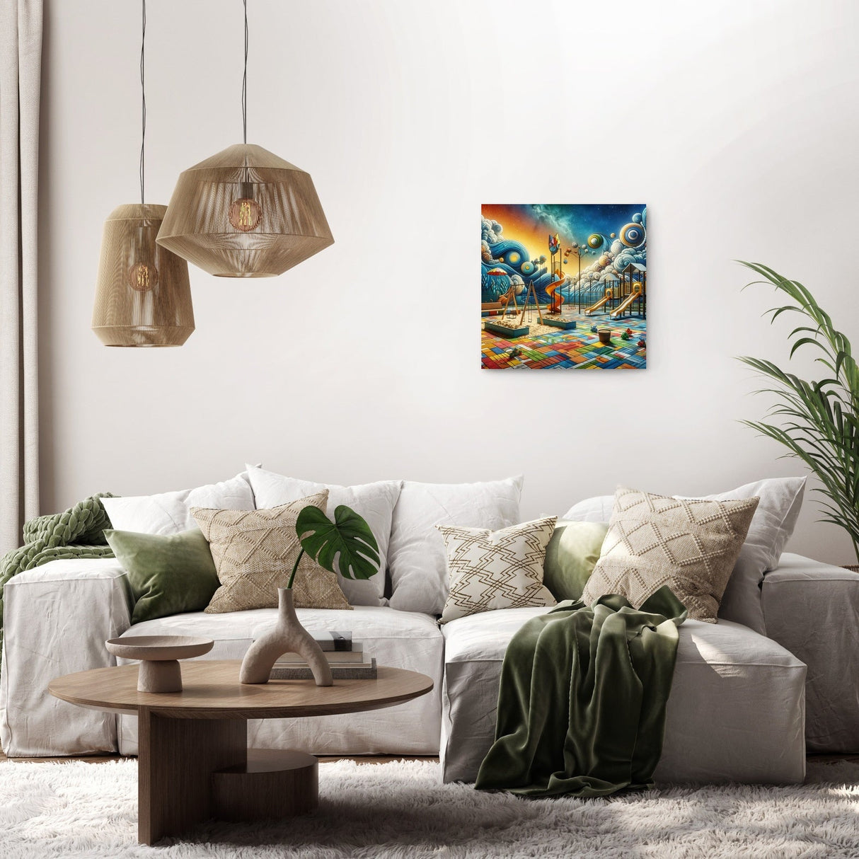 Colourful wall art canvas depicting a vibrant dreamlike scene, ideal for home decoration