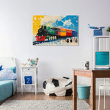 Colourful Wall Art Canvas of a vintage train enhancing a bright child's room decor