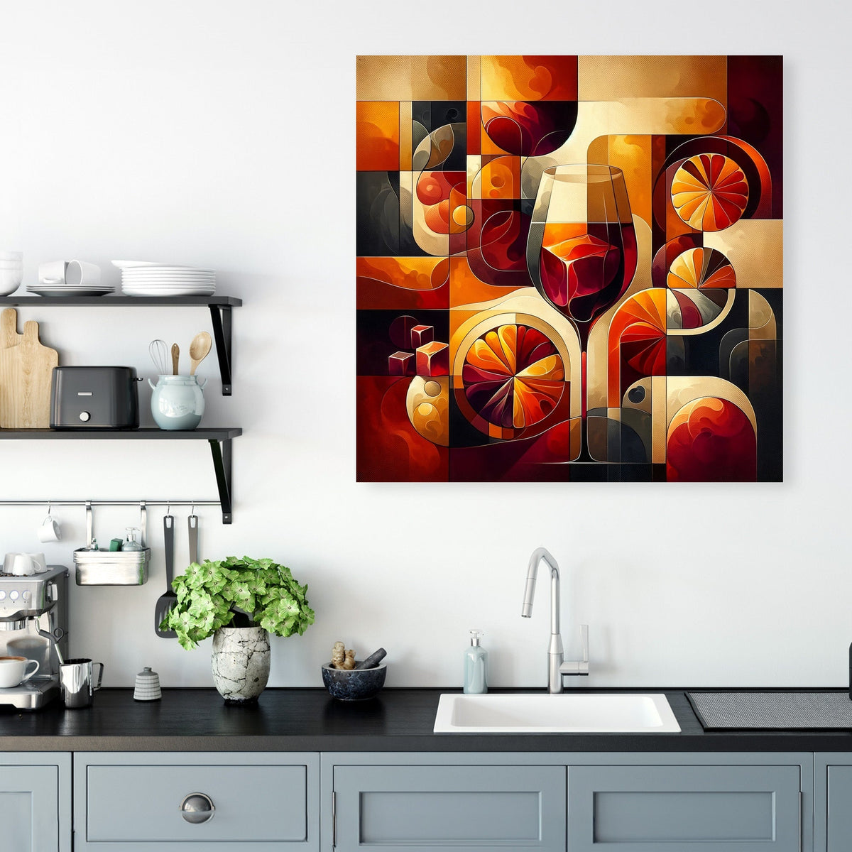 Stylish Wall Art Canvas featuring a vibrant abstract wine and fruit design for modern kitchens
