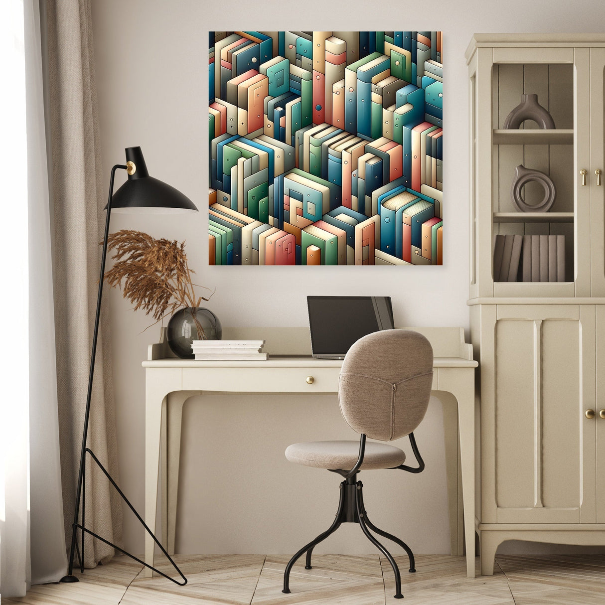 Colourful Wall Art Canvas featuring an abstract design of stacked books in a stylish home office setting