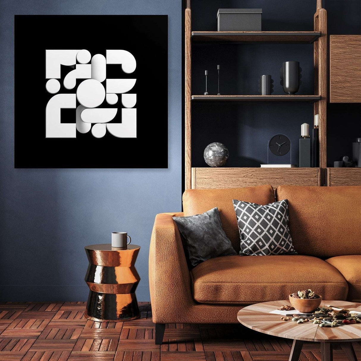 Modern Wall Art Canvas featuring abstract white shapes on a black background in a stylish living room setting