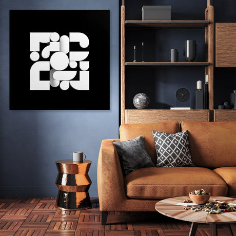 Modern Wall Art Canvas featuring abstract white shapes on a black background in a stylish living room setting