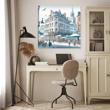 Beautiful Wall Art Canvas depicting a serene city scene with a cafe and elegant architecture