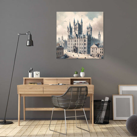 Beautiful vintage wall art canvas depicting a grand castle scene in a stylish home office