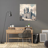 Beautiful vintage wall art canvas depicting a grand castle scene in a stylish home office