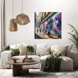Colourful Wall Art Canvas featuring urban street art, displayed in a modern living room setting