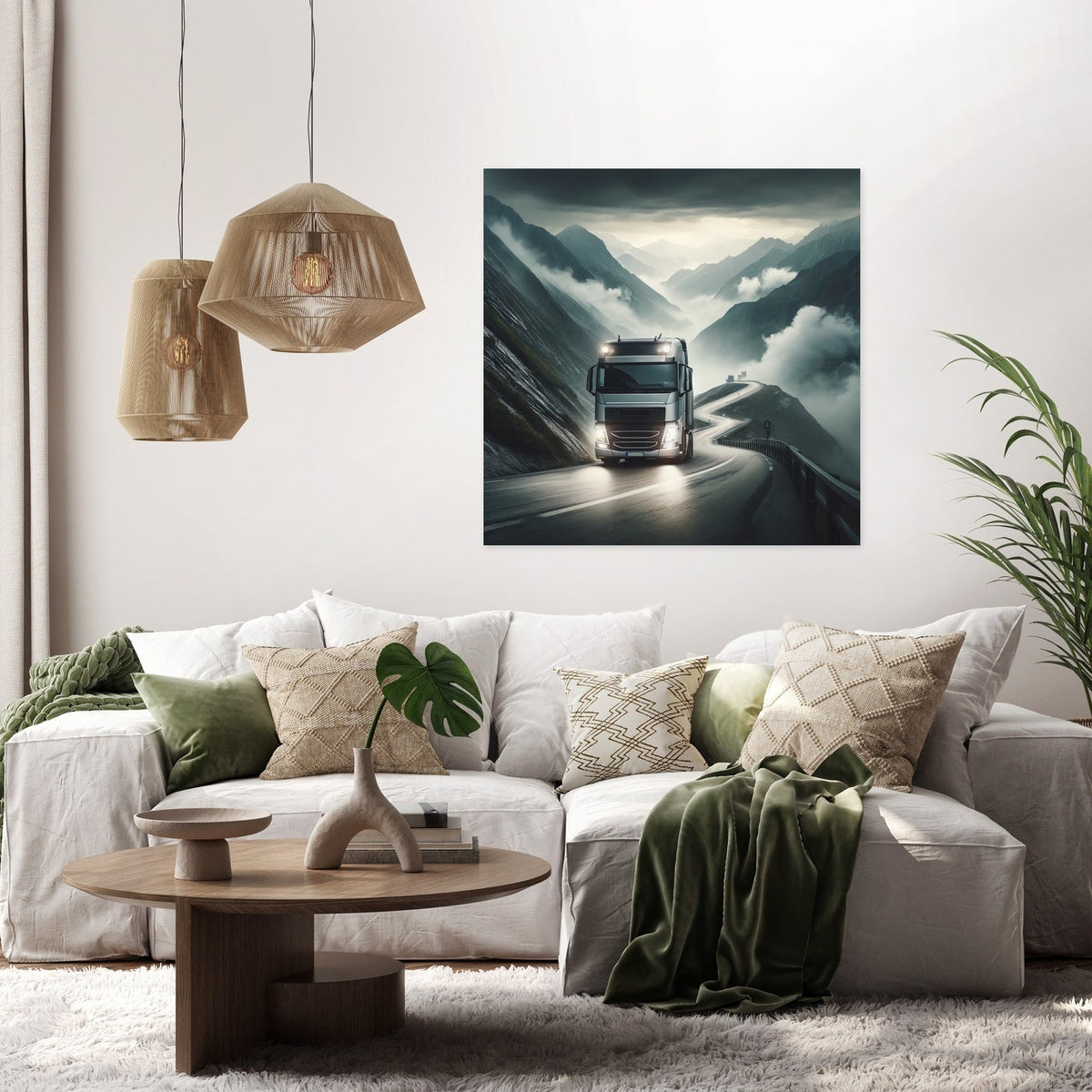 Stunning Wall Art Canvas featuring a truck driving through misty mountains, perfect for modern home decor