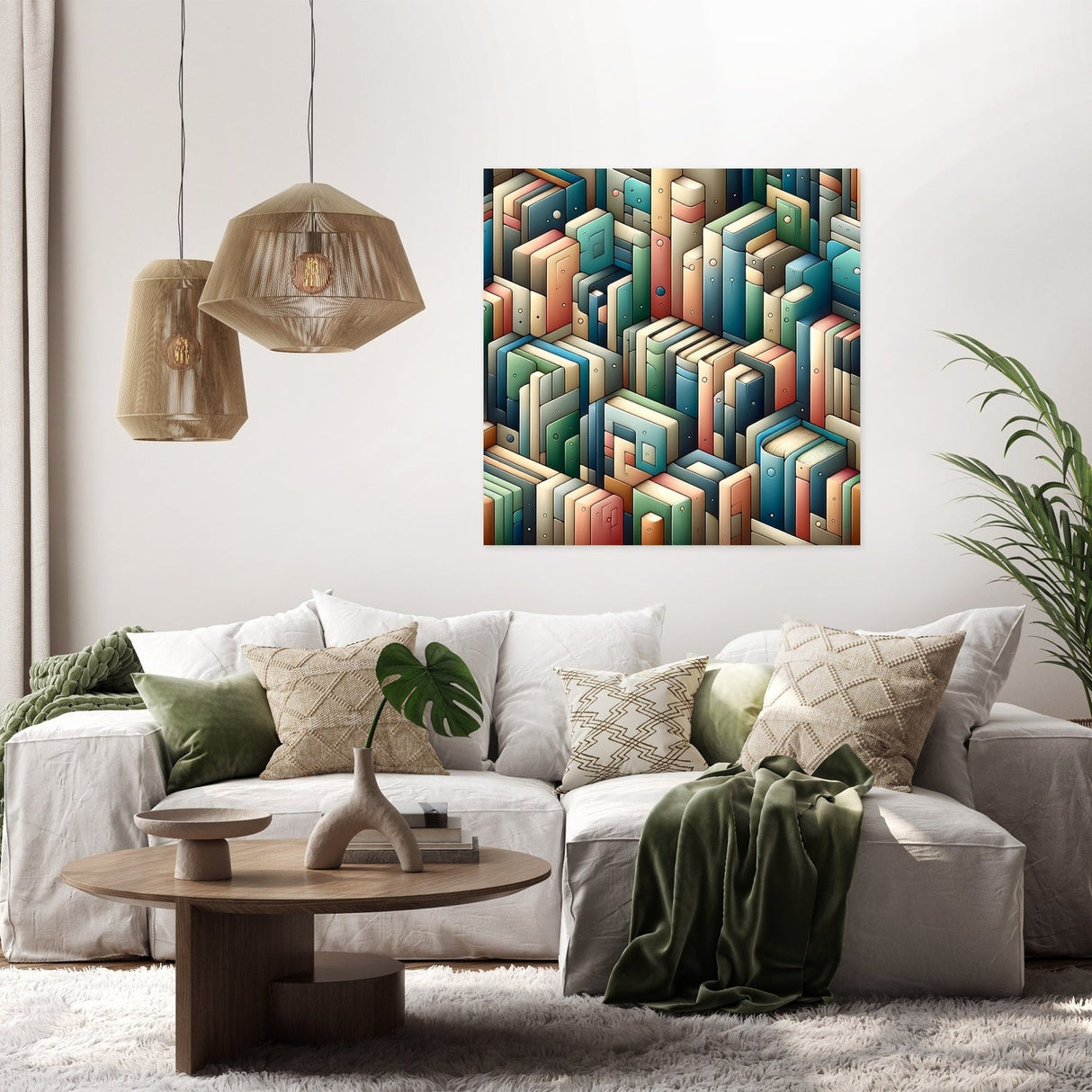 Geometric Wall Art Canvas featuring colourful book patterns, perfect for stylish home decor
